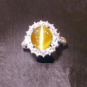 Raro de piedras preciosas joyería de diamante 18k oro <span class=keywords><strong>CGJ</strong></span> 6.14ct Sri Lanka natural marrón amarillo ojo de gato anillo - Product Image 2