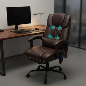 Chaise de bureau ergonomique à dossier haut en cuir PU marron, hauteur réglable, massage par vibration, chaise de direction - Product Image 2