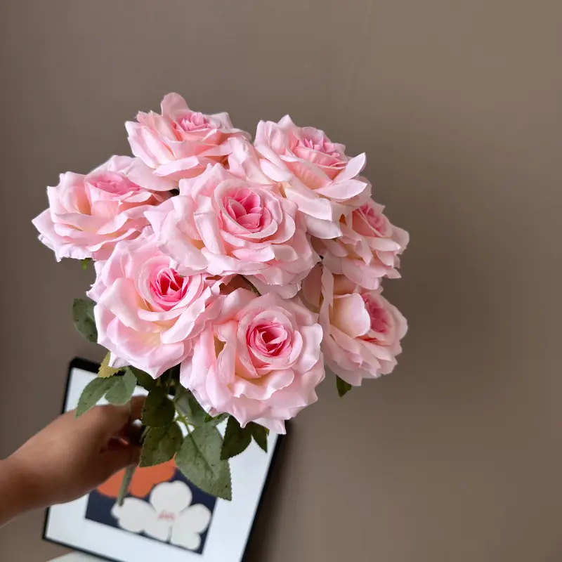 Haute qualité mariage décoratif 9 têtes soie Roses bouquet fleur artificielle Rose pour la maison déco fleur