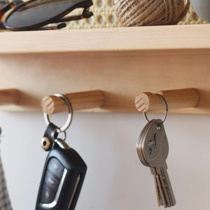 Wall Mounted Wood Key And Sunglasses Rack With <b>Shelf</b> And <b>Hooks</b> For Entryway Storage Natural Color Rectangle Shape - Product Image 2