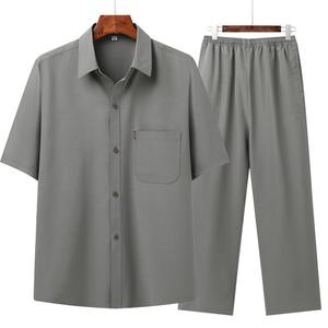 Herens Casual 2-delig Set Ademend Korte Mouwen Shirt & Lange Broek Rever Knoop Effen Kleur Gebreide Stof voor de Zomer - Product Image 3