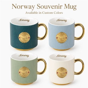 Taza de café de cerámica con diseño de bandera y edificio emblemático de <span class=keywords><strong>Noruega</strong></span>, insignia metálica, para porcelana New Bone China, personalizada OEM ODM - Product Image 3