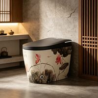 WC intelligent monobloc artistique avec motif de peinture au lotus à l'encre de Chine, WC automatique intelligent pour les nouveaux maisons et hôtels chinois