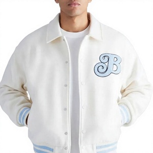 Veste varsity blanche pour homme, lettres brodées bleues, style preppy, col mandarin, coupe classique, vêtements d'hiver, 100% coton/laine - Product Image 1