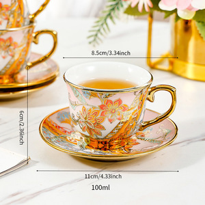 Ceramic Coffee <b>Cup</b> <b>Set</b> With Gold Rim Flower Pattern Break Resistant For Afternoon <b>Tea</b> - Product Image 2