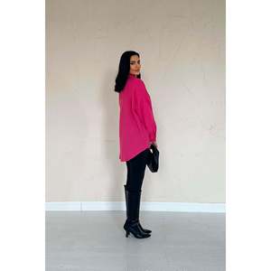 Fuchsia Women's Asymmetric Poplin Button <b>Down</b> Shirt Casual Everyday Wear - Product Image 1