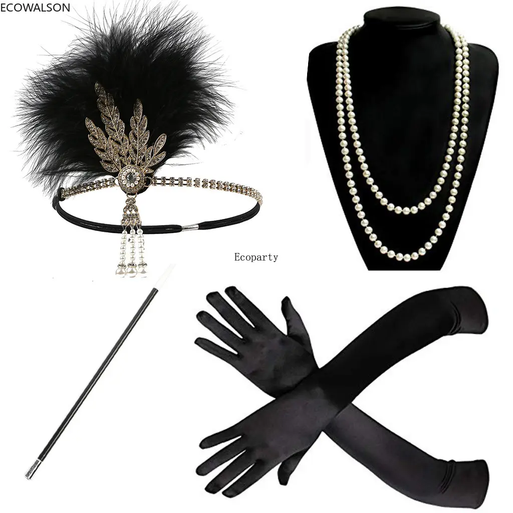 ecoparty 1920s Flapper Gatsby Costume Accessories Set 20s Flapper Headband Pearl Necklace Gloves Cigarette Holder Costume Props