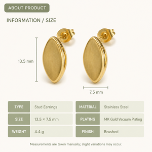 Pendientes de tuerca con diseño de marquesa, de acero inoxidable con baño de oro de 14K al vacío, pendientes minimalistas con forma de hoja, en oro y plata. - Product Image 3
