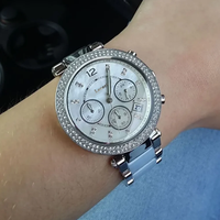 Montre-bracelet chronographe unisexe MKOriginals, lunette sertie de diamants, bracelet en métal bicolore, cadran en nacre, date, mouvement à quartz