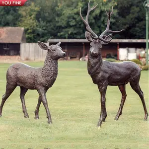 Vườn Ngoài Trời Điêu Khắc Kích Thước Cuộc Sống Brass Tuần Lộc Nai Sừng Tấm Điêu Khắc Cặp Bronze Deer Tượng