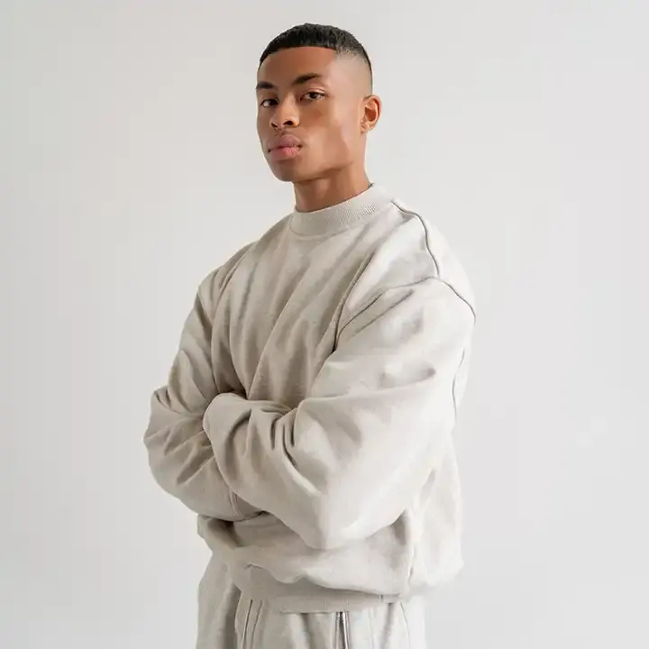 Bán Buôn Màu Đen 1000 GSM Cotton Lông Cừu Áo Pháp Terry Plu Kích Thước Crew Cổ Trống Người Đàn Ông Của Hoodies & Áo Nỉ