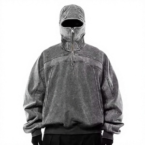 Pull à capuche vintage tricoté en gros pour l'hiver, coupe ample, personnalisé pour homme, effet délavé, style ninja, avec fermeture éclair quart et trous pour les yeux - Product Image 2