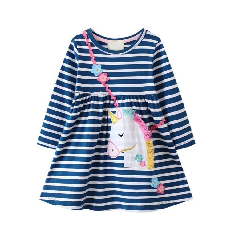 Autumn cotton long sleeveless unicorn dress applique striped A line kids casual girls dresses
