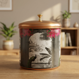 Copper <b>Food</b> Container Round Oriental Design With Lid Printing Pattern Storage <b>Jar</b> - Product Image 3