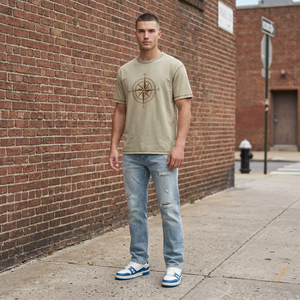 Beige Oversized Cotton T Shirt <b>Vintage</b> <b>Compass</b> Print Short Sleeve Crew Neck Streetwear Tee for Men Made in Pakistan - Product Image 3