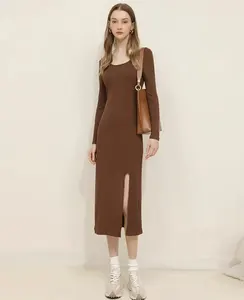 Gaya Desain Musim Panas Mode Seksi Lengan Panjang Kerah Persegi Panjang Setengah Celah Gaun A-line untuk Wanita