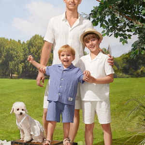 Usine lin coton tenues <span class=keywords><strong>papa</strong></span> <span class=keywords><strong>fils</strong></span> enfants famille style décontracté chemise short pantalon ensemble personnalisé usage domestique bébé filles adultes été - Product Image 3