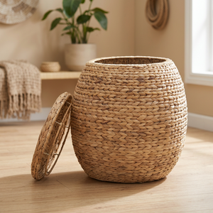 Cesta de Almacenamiento Tejida a Mano de Jacinto de Agua Natural con Tapa, Estilo Rústico, Ecológica, Organizador de Artículos Diversos - Product Image 3