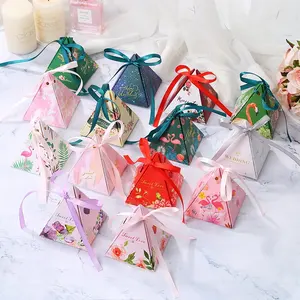 Nieuwe Ontwerp Diy Driehoek Piramide Bloemen Flamingo Papier Verjaardag Huwelijkscadeau Chocolade Snoep Verpakking Doos Met Strik