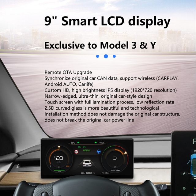 LCD Instrument Cluster for Tesla Model 3/Y with Wireless CarPlay & OTA Upgrade-Non-destructive Installation 1 Year Warranty