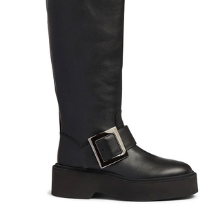Women Low <b>Heel</b> Knight Boots <b>Round</b> <b>Toe</b> Knee High Long Booties Flat Big Metal Buckles Ladies Thick Sole Shoes - Product Image 4