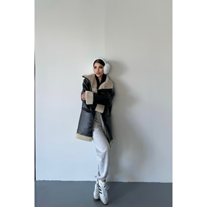 Chaqueta de Cuero Reversible con Mangas de Felpa y Detalle de Bolsillo sin Solapa en el Cuello - Abrigo de Invierno Softshell Negro y Blanco Talla XL - Product Image 4