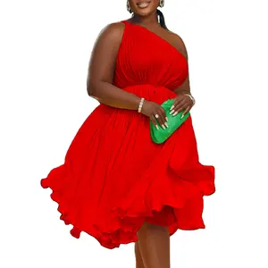 2024 Summer Plus Size Women's Dress Pleated Inclined Shoulder Large Swing Strap Floor-Length Chiffon Dress in Solid Color