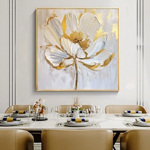 Hand Painted Oil Painting Abstract Floral Art Gold White <b>Flower</b> Modern <b>Wall</b> Art For Living Room Dining Room Entrance Decor - Product Image 3