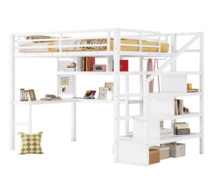 Lit moderne réglable pleine grandeur avec éclairage LED et station de charge, lit mezzanine en bois avec bureau et escalier - Product Image 5