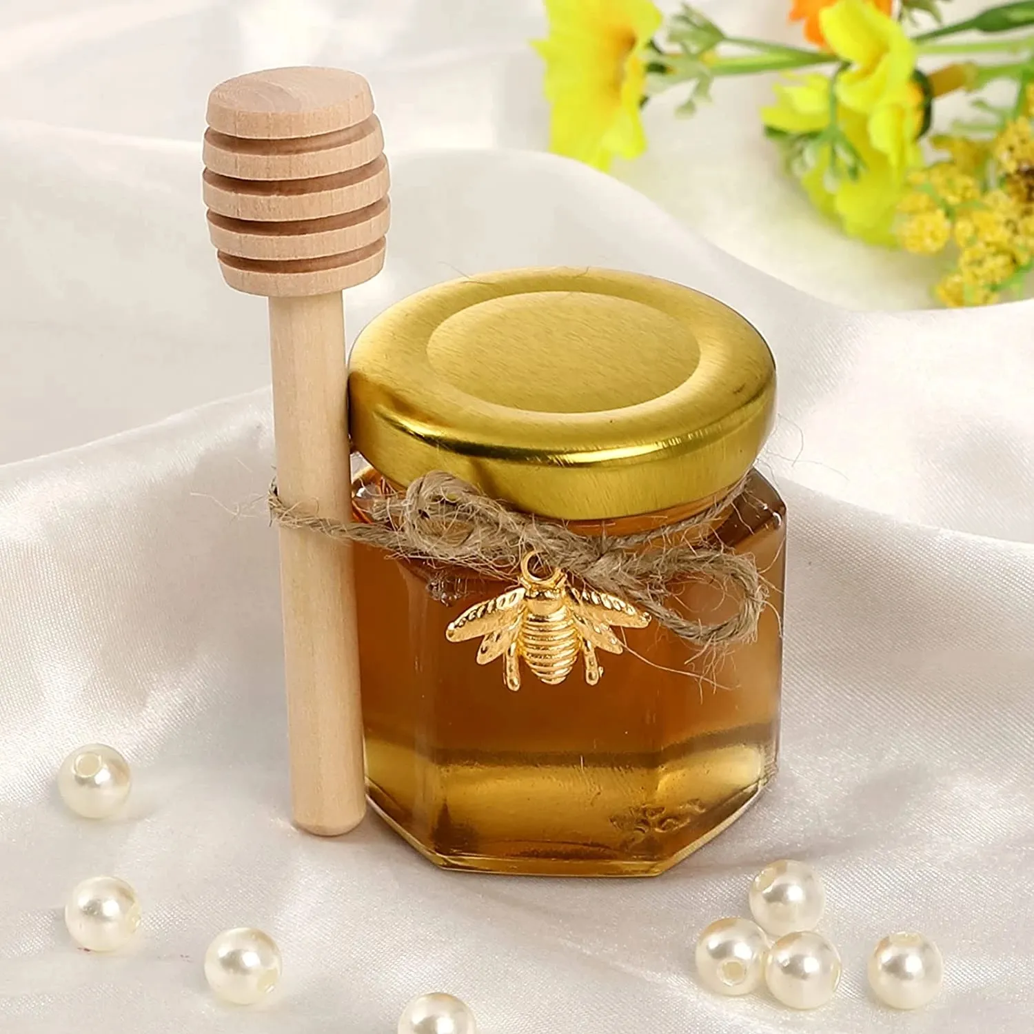 Mini tarro de miel hexagonal de 45ml de alta calidad con tapa dorada para regalos Favores DE BODA Mermeladas de miel Jelly Candy