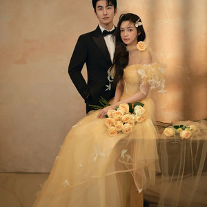 Off Shoulder Beige Tulle Wedding Dress Empire Waist Ball Gown Sweetheart Neckline Vintage Style For Photography - Product Image 2