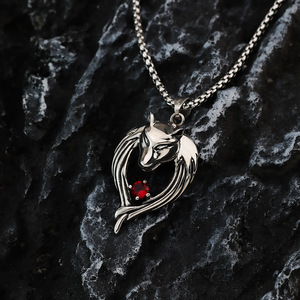 yunnique Stainless Steel Wolf Head Pendant <b>Necklace</b> With Red Zirconia For Men Hip Hop Style Gift Jewelry - Product Image 4