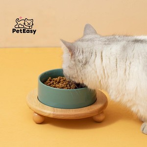 Diskon besar baru aksesoris hewan peliharaan warna polos piring kayu mulut besar kualitas tinggi antihitam dagu tunggal keramik ganda mangkuk anjing kucing - Product Image 2