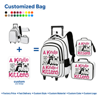 Sac à dos à roulettes imperméable avec fermeture éclair géométrique motif chaton mignon, impression personnalisée, kit 3-en-1 en microfibre pour enfants, avec boîte à lunch et sac à roulettes pour l'école