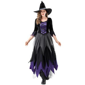 Witch Costume Black <b>Purple</b> Dress With <b>Hat</b> Women Halloween Cosplay Fancy Dress Role Play Set - Product Image 3
