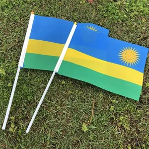 Kostenloser Versand Ruanda Flagge 14x21CM Polyester Tisch flaggen mit Pole Flying Country Agent Hand Waving Stick Ruanda Hand flaggen