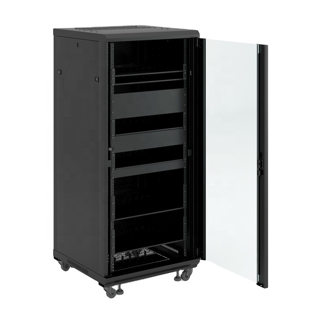 27U Black Steel Industrial Data Center Server Rack Network Cabinet IP20 Protection 600mm Glass Door 19 Inch Floor Standing Stock