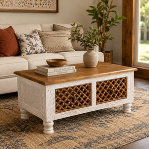 Handcrafted Wooden <b>Coffee</b> <b>Table</b> with Dual Drawers & Hidden Storage | Rustic <b>White</b> & Natural Finish Living Room Center <b>Table</b> - Product Image 1