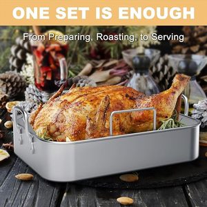 3 in 1 Non-toxic Heavy Duty Roasting <strong>Pan</strong> Stainless Steel <strong>Turkey</strong> <strong>Roaster</strong> with Rack Deep Broiling <strong>Pan</strong> &amp; V-shaped Rack &amp; Flat Rack - Product Image 4