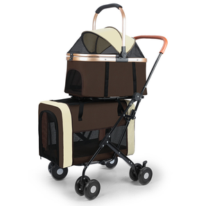 Poussette double pliable noire pour animaux de compagnie, chariot de voyage pour chat en maille avec 4 roues et cadre métallique - Product Image 1