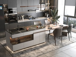 Meubles de <span class=keywords><strong>cuisine</strong></span> de luxe avec îlot, meubles de <span class=keywords><strong>cuisine</strong></span> modulaires avec comptoir en placage de bois, armoire à vin en verre avec éclairage <span class=keywords><strong>LED</strong></span> - Product Image 5
