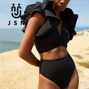 JSN High quality beachwear two piece swimsuit set black big flower swimwear high waist bikini