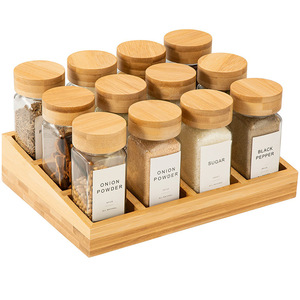 रसोई के लिए ग्लास जार + बेज लिड्स के साथ मुफ्त खड़े बांस काउंटरटॉप मसाला रैक - Product Image 1