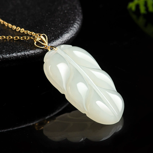 Pendentif en forme de feuille en jadéite blanche, en or 18 carats véritable, bijou en jade naturel, collier - Product Image 3