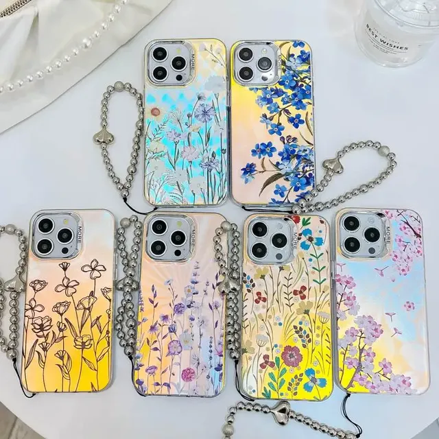 Luxury Phone Case with Strap for iPhone 17 Pro Max 16 Plus Accessories 17Air Shockproof Flower Back Cover for iPhone 15 Pro Max
