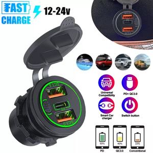 12V 30W Double QC 3.0 USB + PD Type-C <span class=keywords><strong>Chargeur</strong></span> de <span class=keywords><strong>voiture</strong></span> rapide Adaptateur de prise de courant pour <span class=keywords><strong>voiture</strong></span> Marine RV Bleu <span class=keywords><strong>Vert</strong></span> Rouge LED - Product Image 5