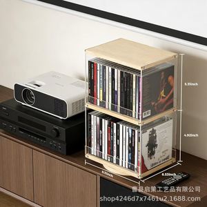 Estante de almacenamiento de CD de doble capa de madera, organizador de escritorio giratorio acrílico para almacenamiento de CD, DVD, álbumes y discos. - Product Image 4