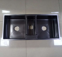 Grand évier de cuisine commercial en acier inoxydable noir, cuvette double moderne faite à la main avec 3 trous finition brossée, garantie de 5 ans