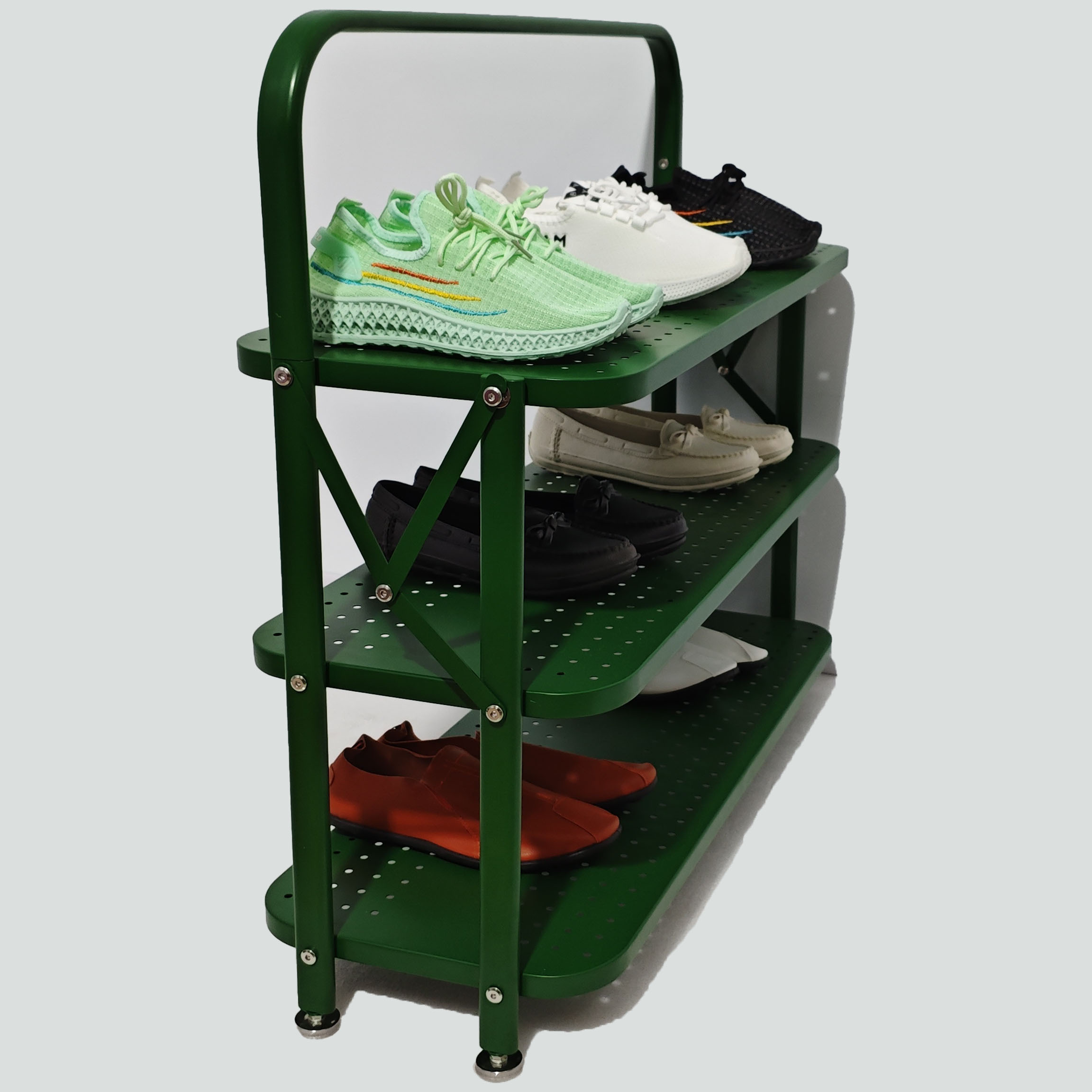 Metal Shoes Display Racks Foldable 3-Tier Stand with Green Shelf Adjustable Feet Custom Logo for Advertising