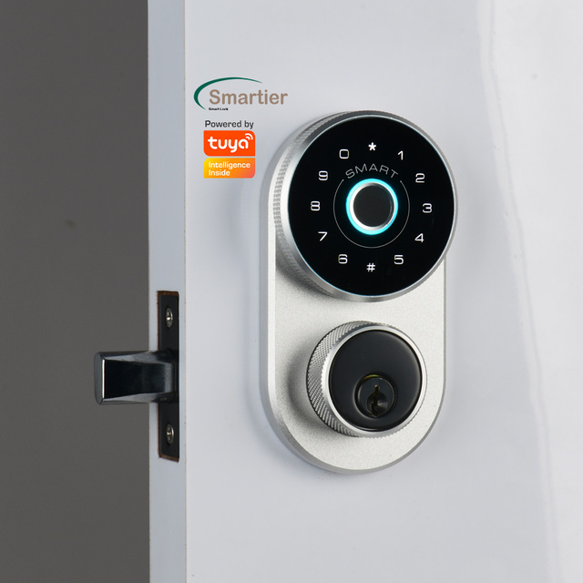 Smartier Smart Deadbolt Fingerprint Password Key Entry Aluminum Alloy Wood Door Lock Cloud Tuya Smart Security Emergency